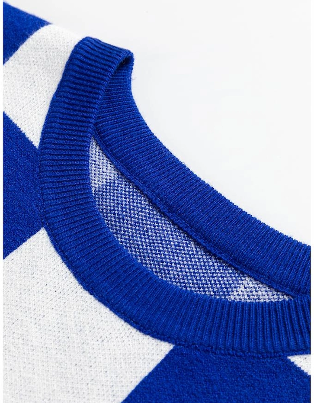 Dark Blue Cherckerboard Round Neck Sweater Vest