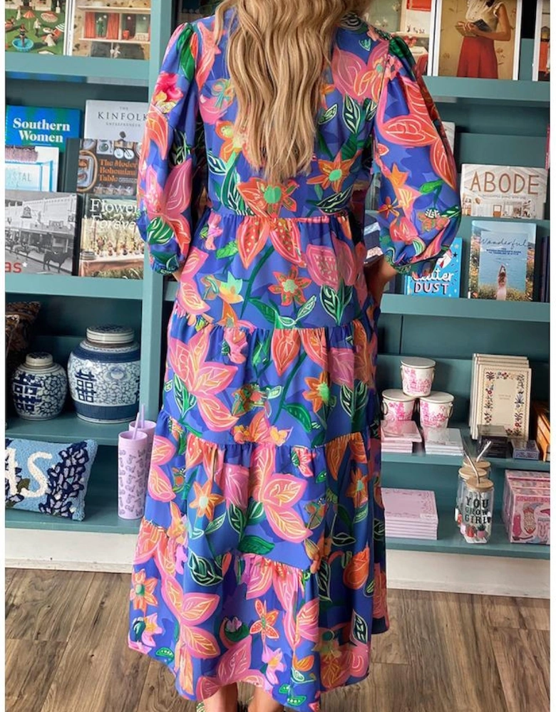 Blue Floral Print 3/4 Sleeve V Neck Tiered Long Dress