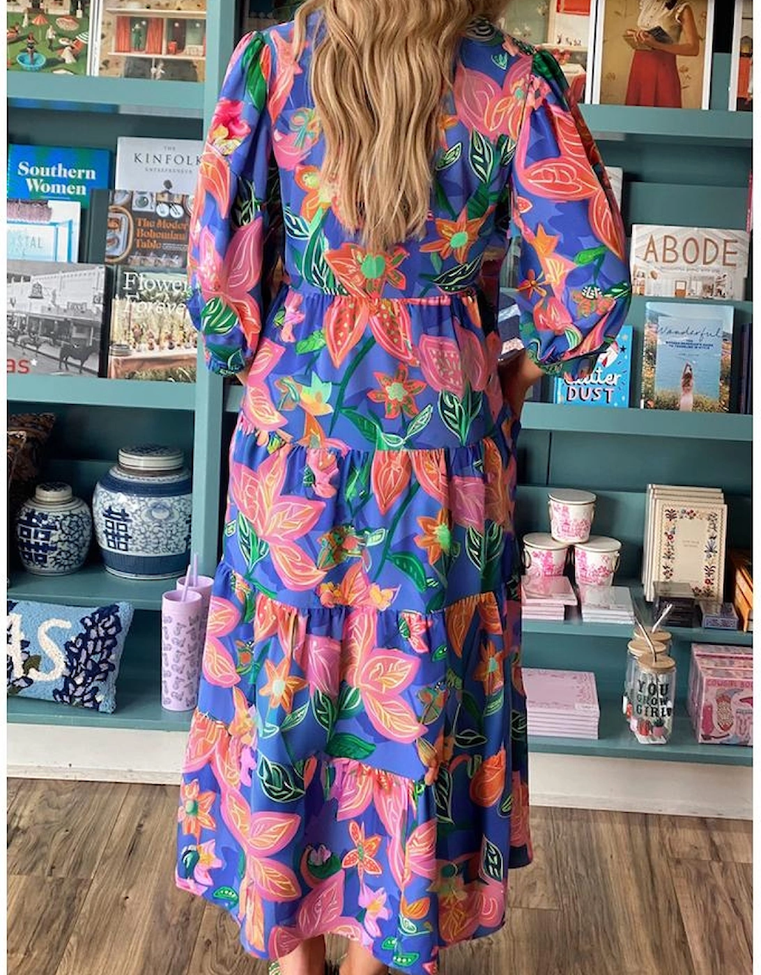 Blue Floral Print 3/4 Sleeve V Neck Tiered Long Dress, 11 of 10