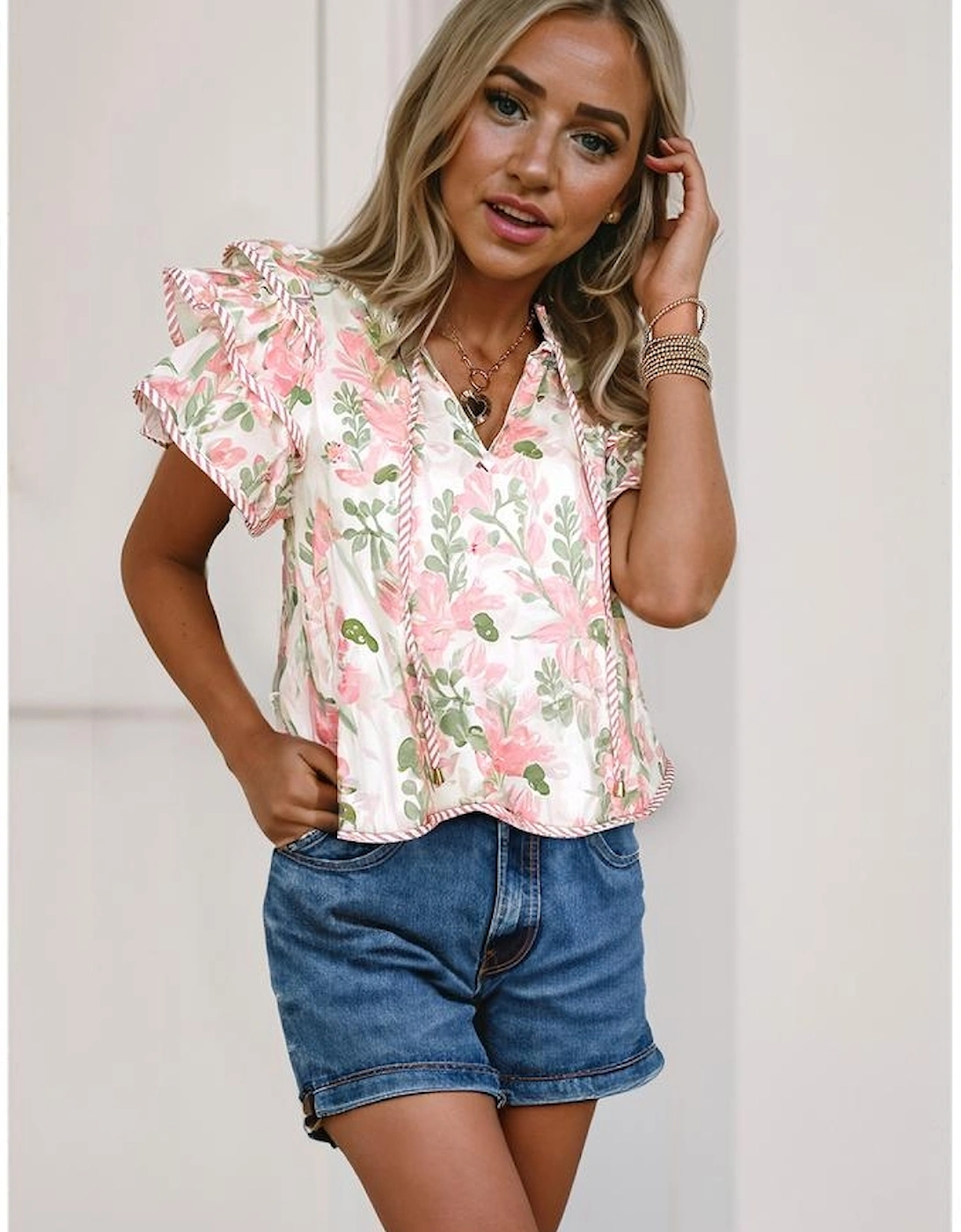 Pink Floral Print Striped Contrast Tiered Ruffled Sleeve V Neck Blouse, 3 of 2