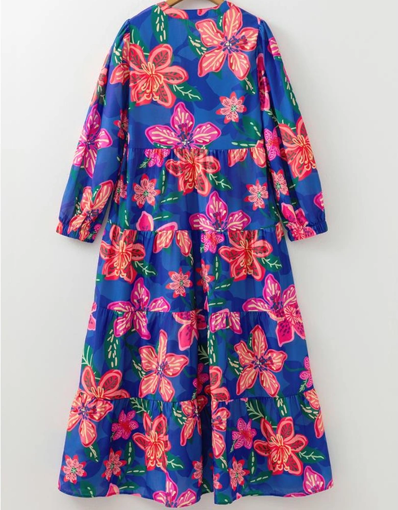 Blue Floral Print 3/4 Sleeve V Neck Tiered Long Dress