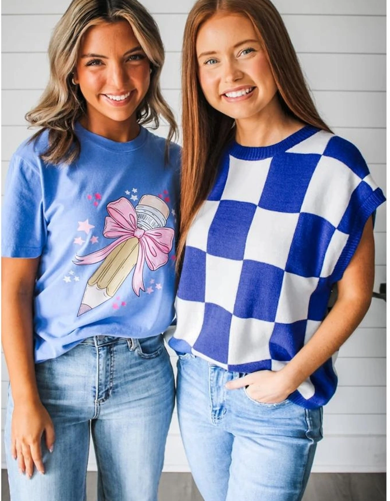 Dark Blue Cherckerboard Round Neck Sweater Vest