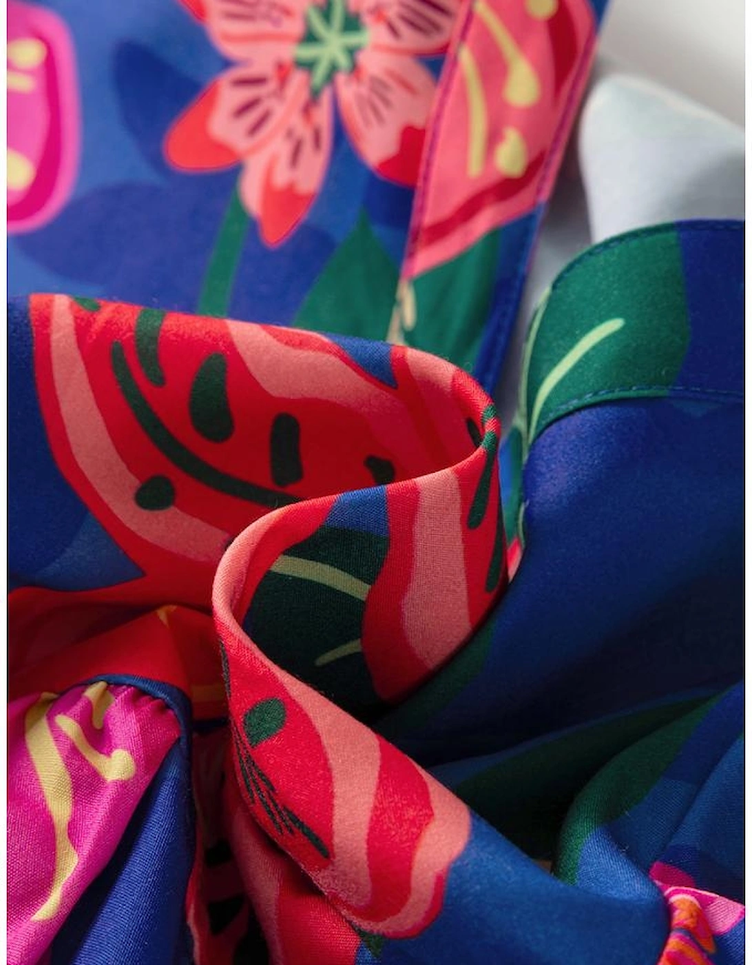 Blue Floral Print 3/4 Sleeve V Neck Tiered Long Dress