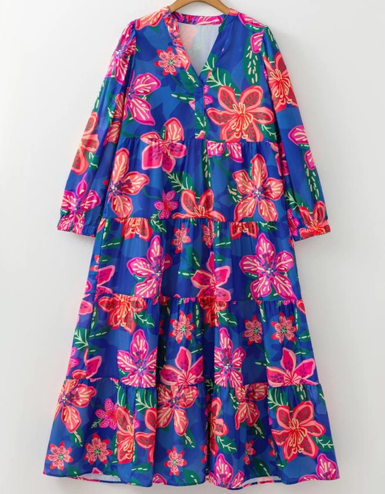 Blue Floral Print 3/4 Sleeve V Neck Tiered Long Dress