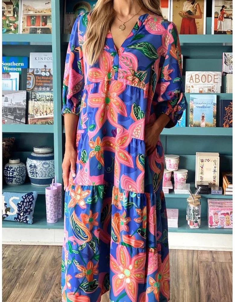 Blue Floral Print 3/4 Sleeve V Neck Tiered Long Dress