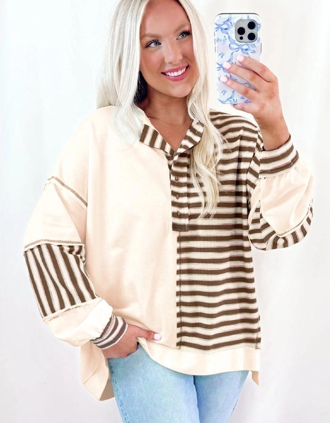 Khaki Stripe Stitched Detail Color Block Patchwork Oversized Pullover Top