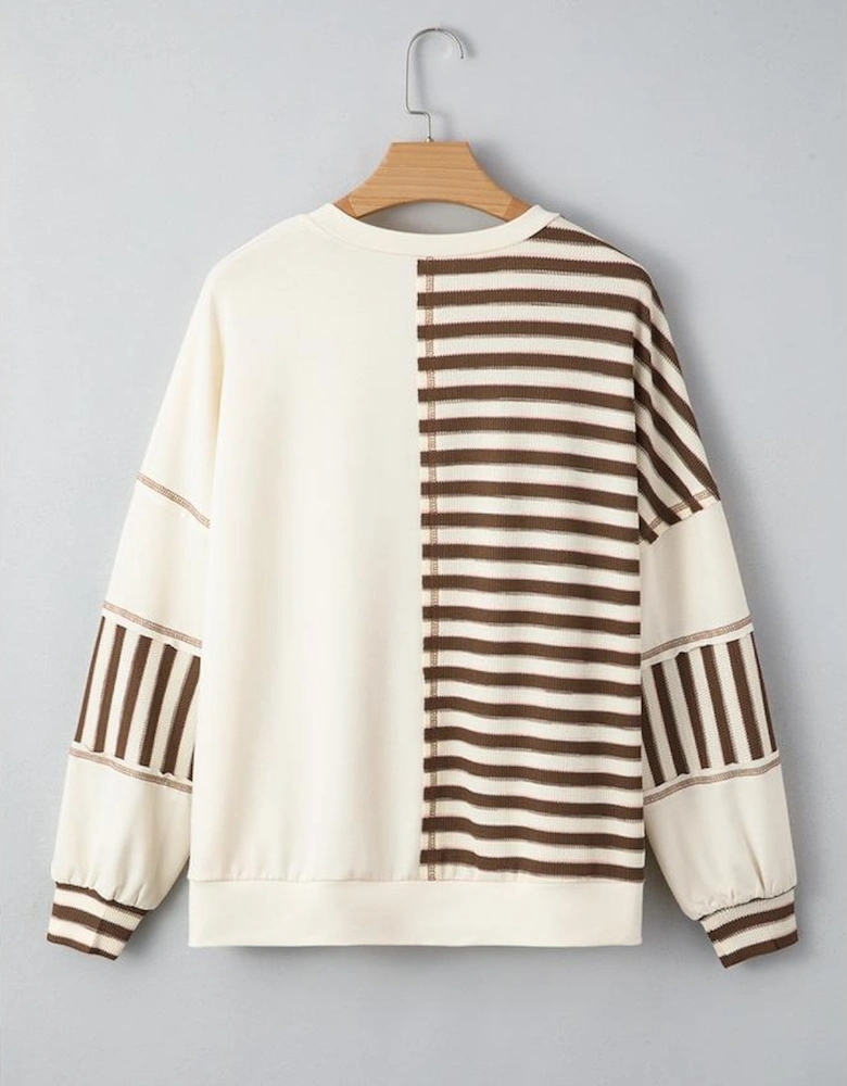 Khaki Stripe Stitched Detail Color Block Patchwork Oversized Pullover Top