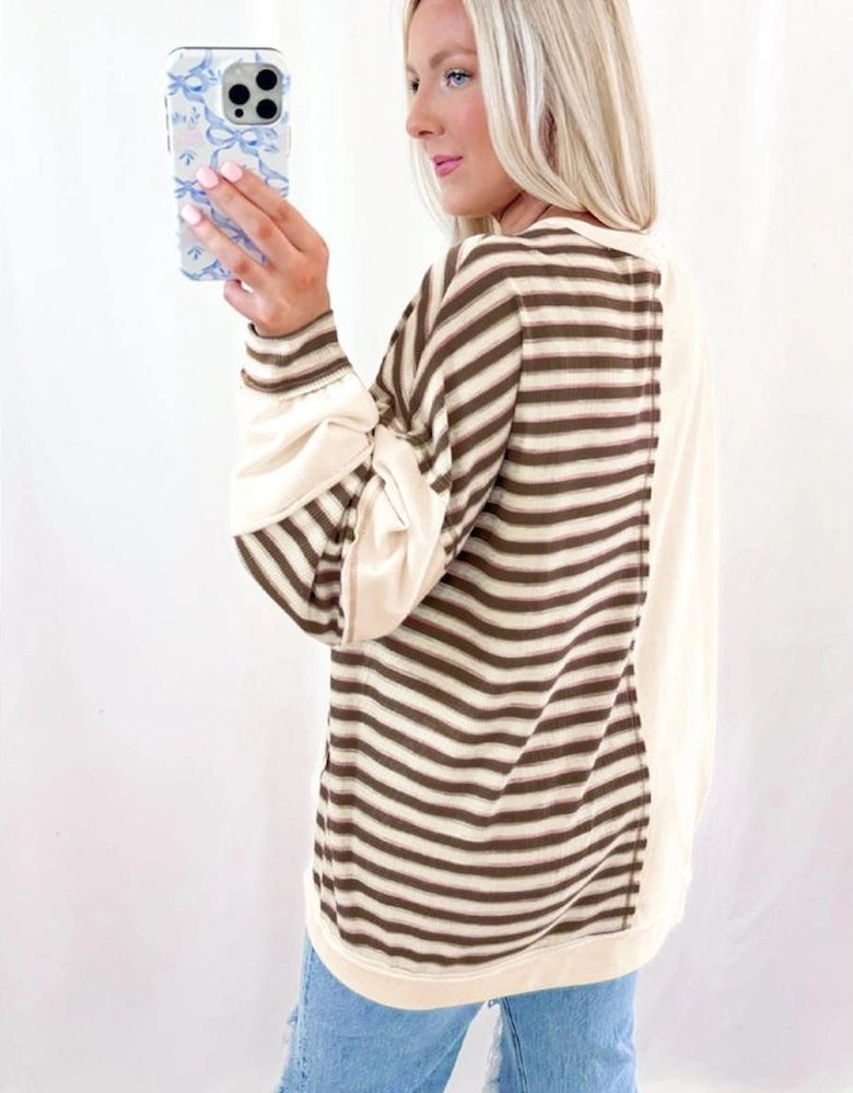 Khaki Stripe Stitched Detail Color Block Patchwork Oversized Pullover Top