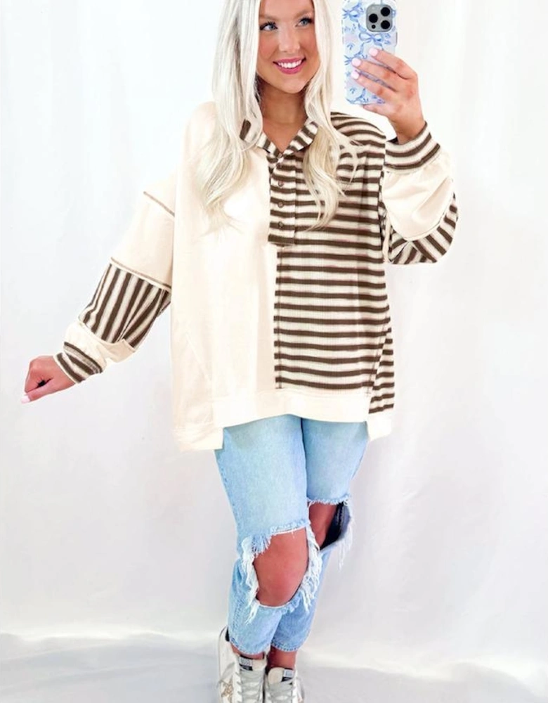 Khaki Stripe Stitched Detail Color Block Patchwork Oversized Pullover Top