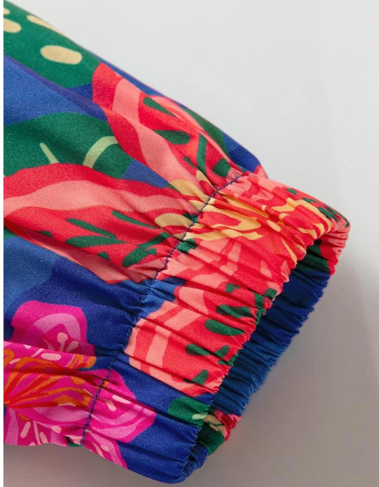 Blue Floral Print 3/4 Sleeve V Neck Tiered Long Dress