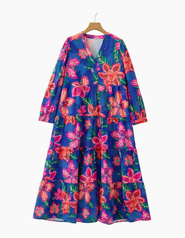 Blue Floral Print 3/4 Sleeve V Neck Tiered Long Dress