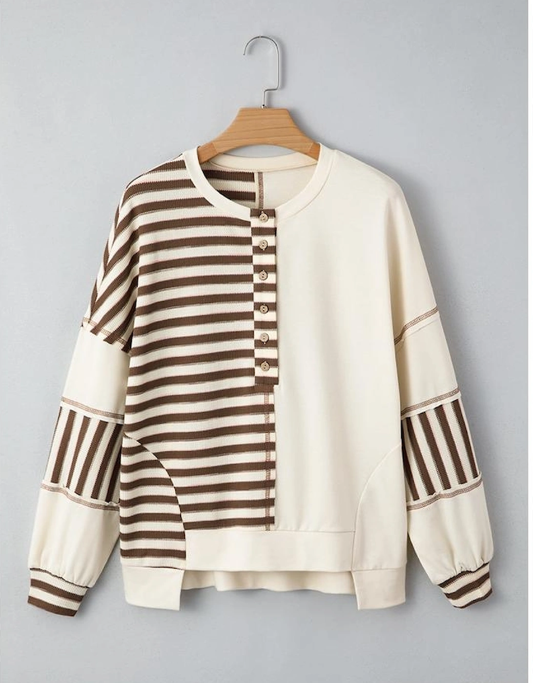 Khaki Stripe Stitched Detail Color Block Patchwork Oversized Pullover Top