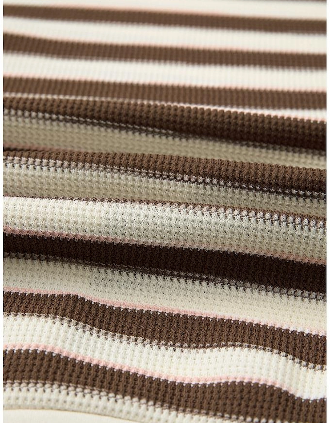 Khaki Stripe Stitched Detail Color Block Patchwork Oversized Pullover Top