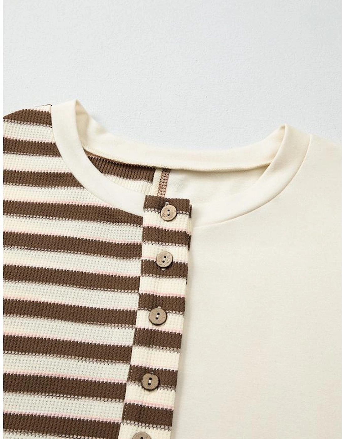 Khaki Stripe Stitched Detail Color Block Patchwork Oversized Pullover Top