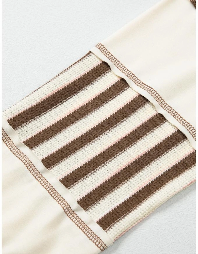 Khaki Stripe Stitched Detail Color Block Patchwork Oversized Pullover Top