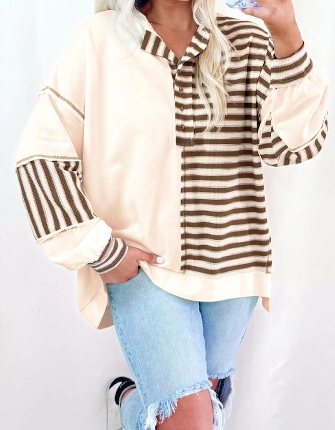 Khaki Stripe Stitched Detail Color Block Patchwork Oversized Pullover Top