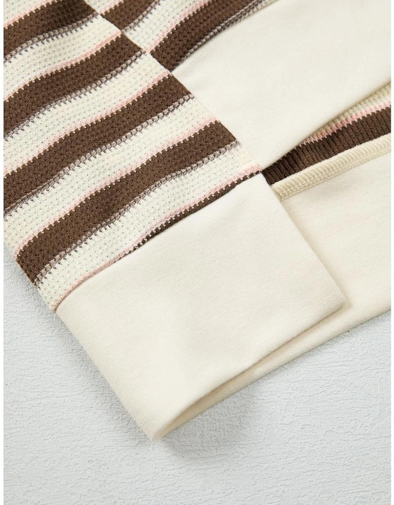 Khaki Stripe Stitched Detail Color Block Patchwork Oversized Pullover Top