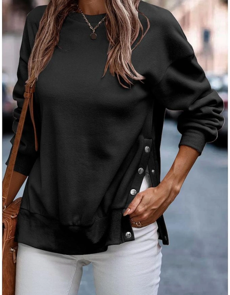 Black Snap Buttons Side Splits Pullover Sweatshirt
