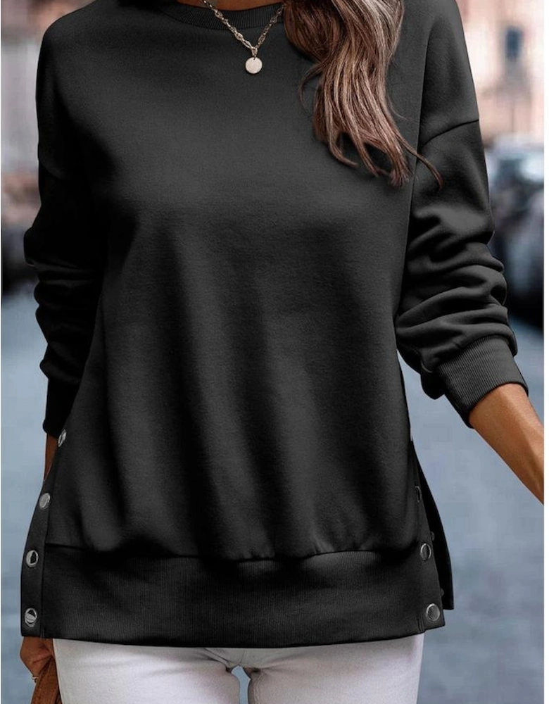 Black Snap Buttons Side Splits Pullover Sweatshirt