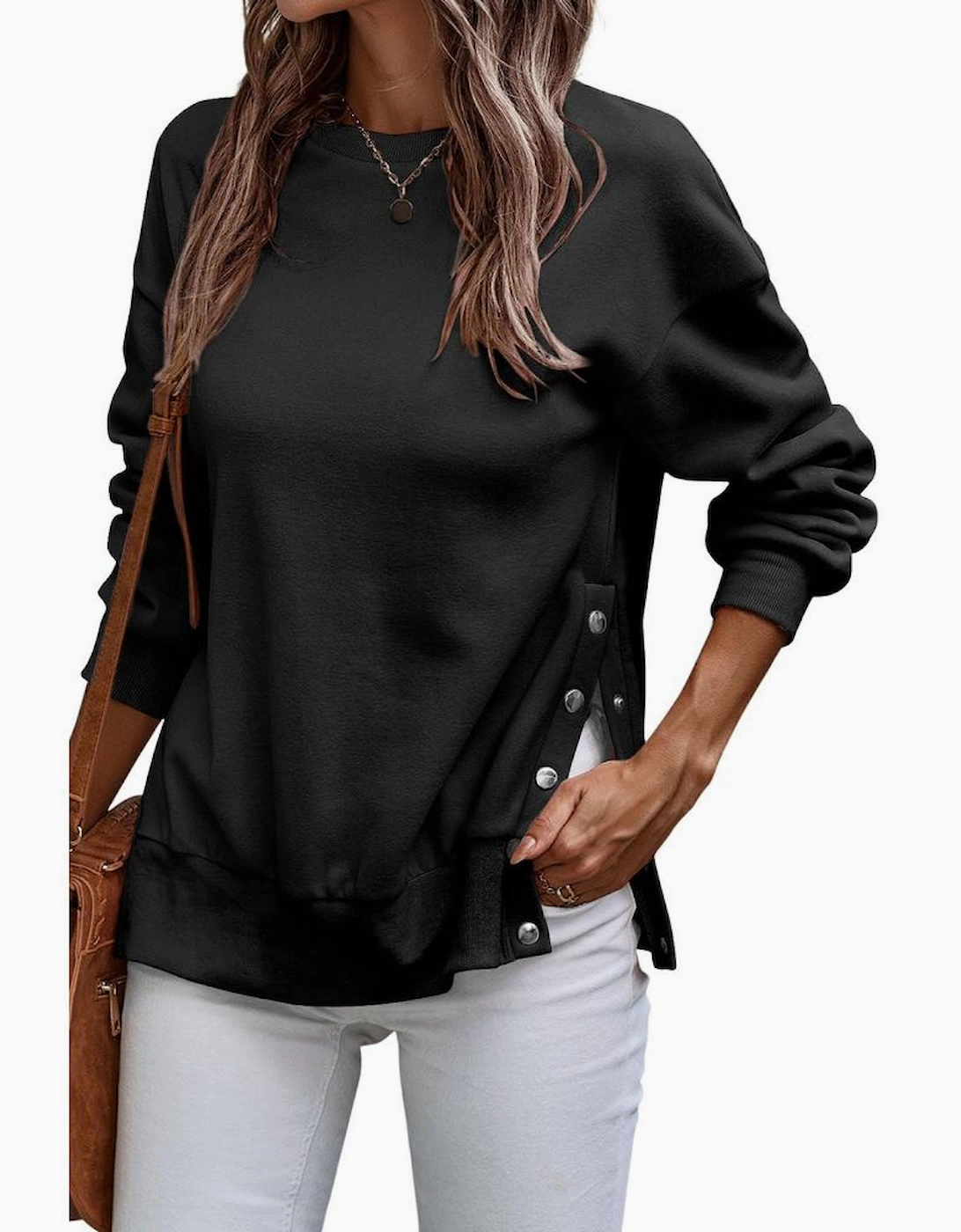 Black Snap Buttons Side Splits Pullover Sweatshirt