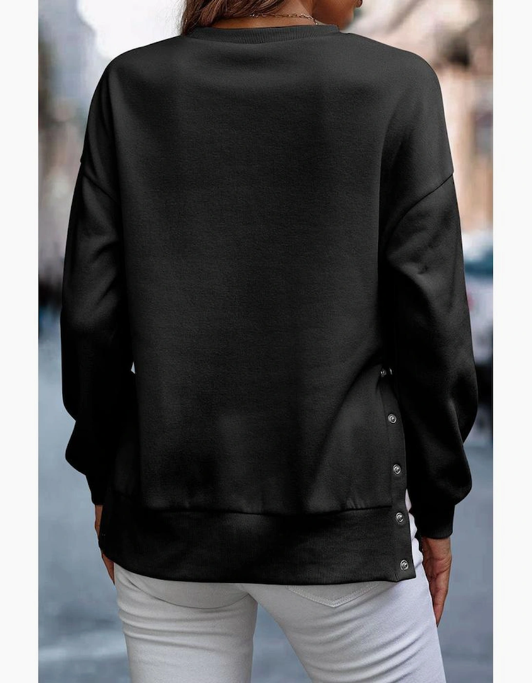 Black Snap Buttons Side Splits Pullover Sweatshirt