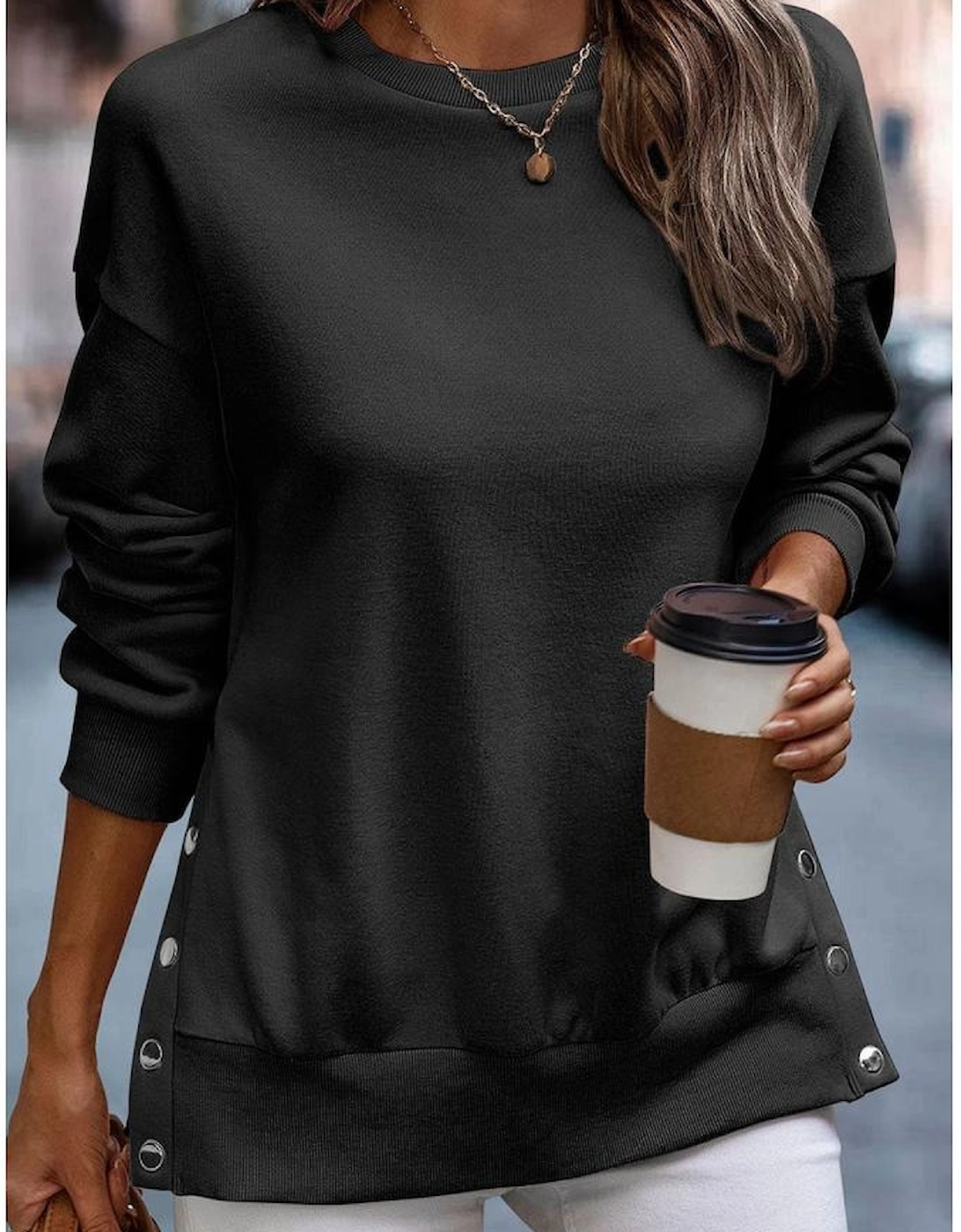 Black Snap Buttons Side Splits Pullover Sweatshirt