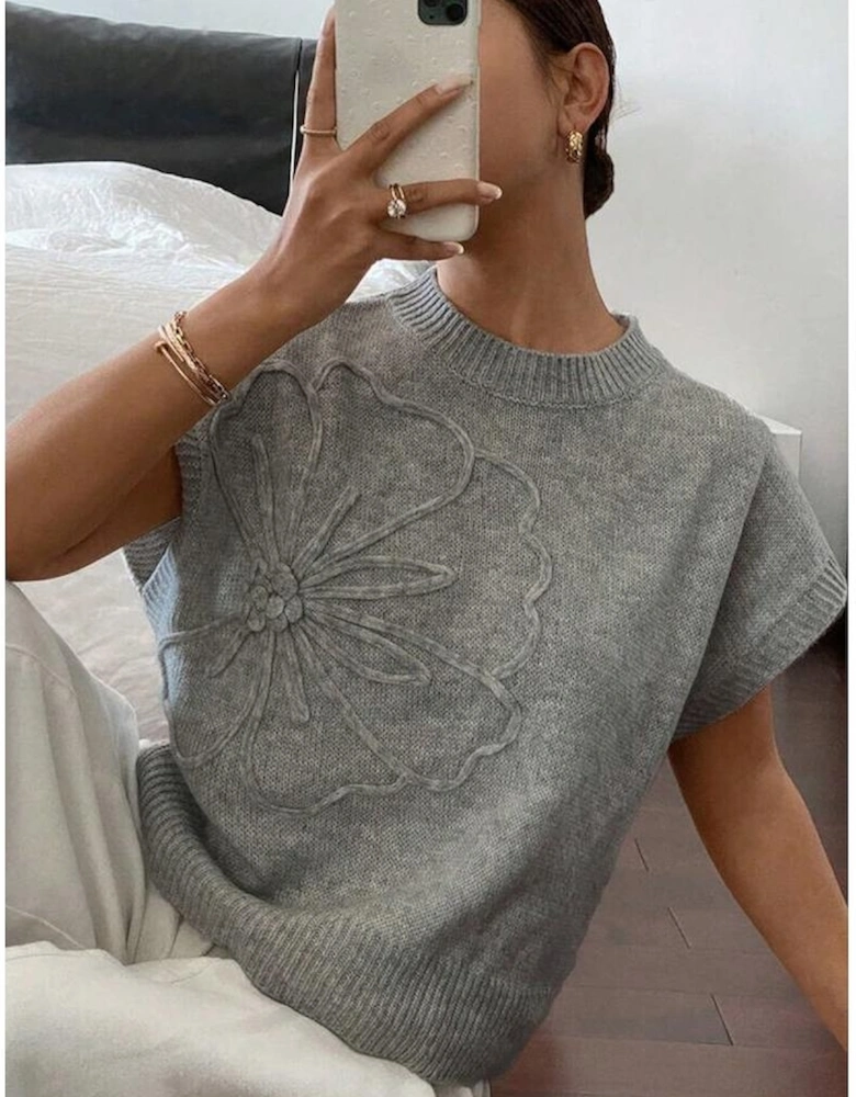 High Flower Pattern Ribbed Trim Short Sleeve Boxy Sweater