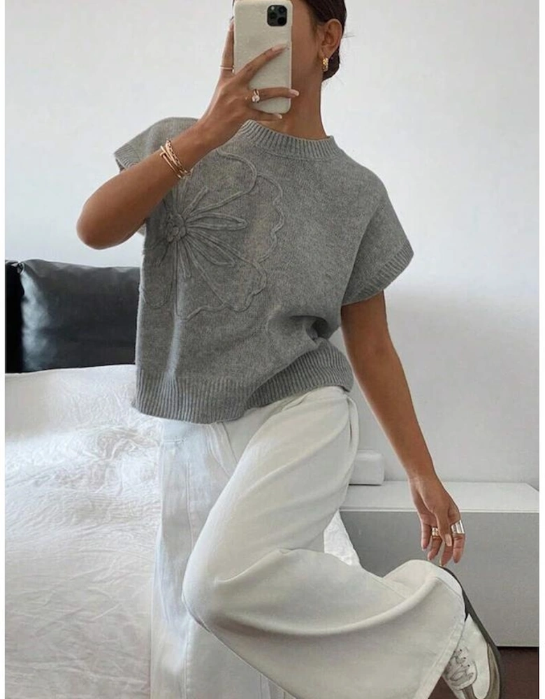 High Flower Pattern Ribbed Trim Short Sleeve Boxy Sweater