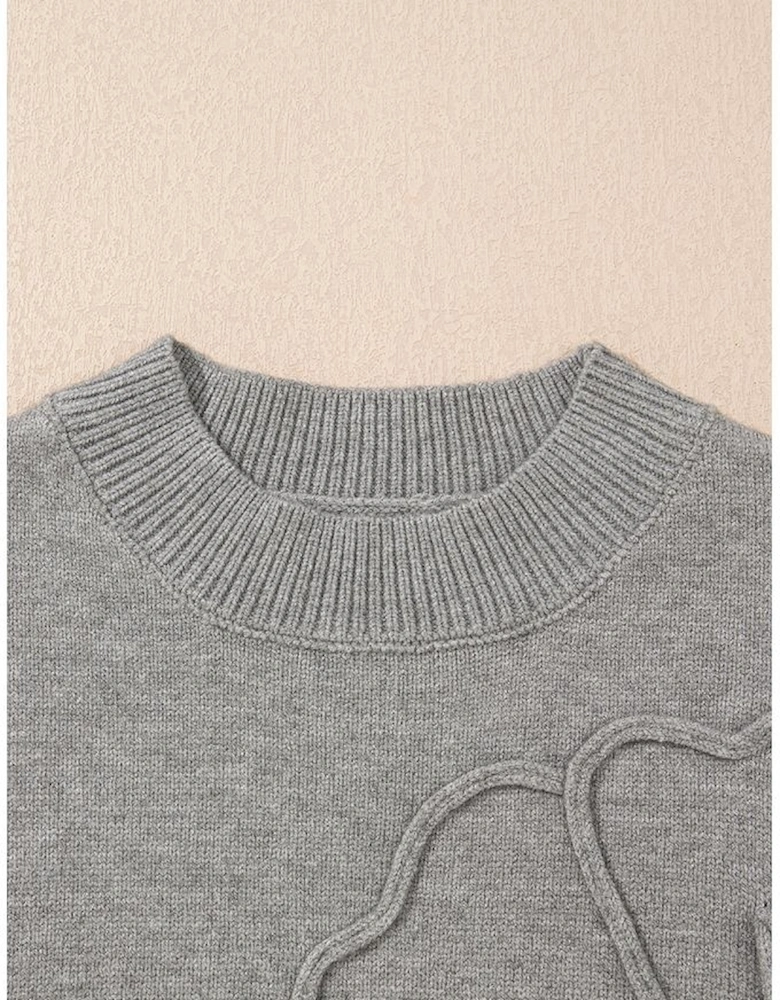 High Flower Pattern Ribbed Trim Short Sleeve Boxy Sweater