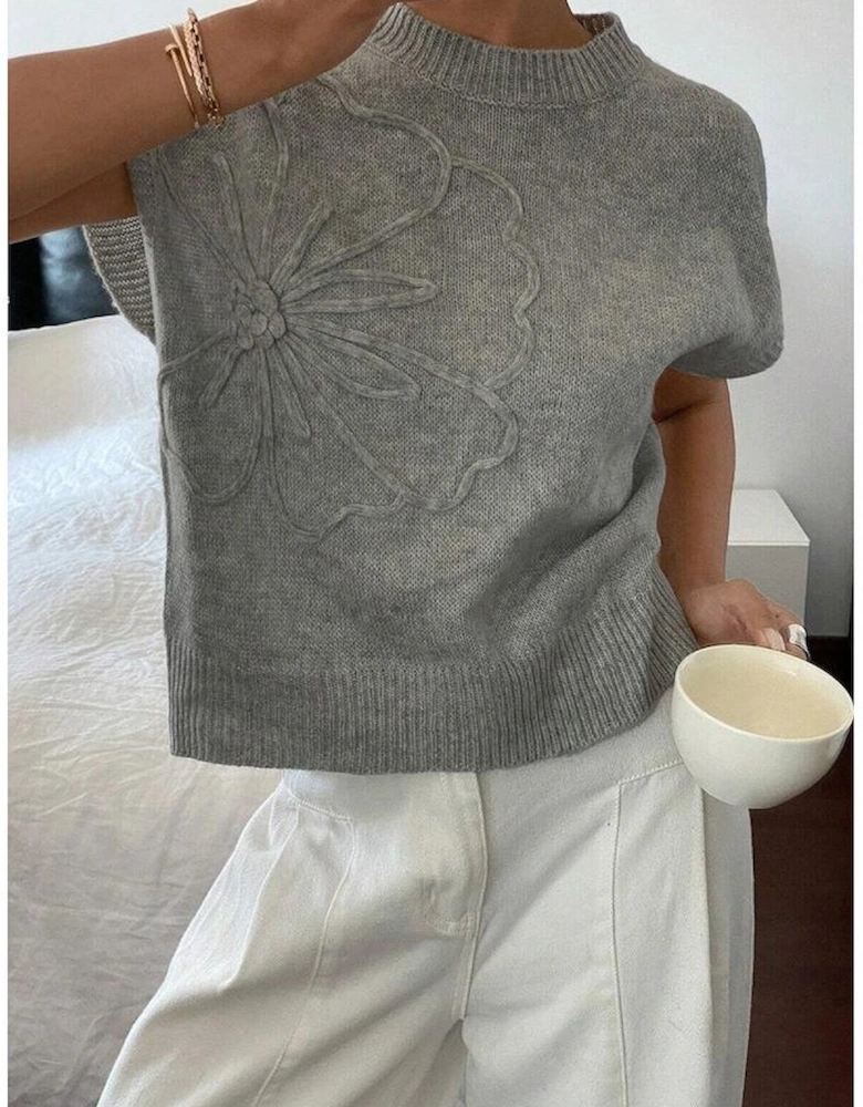 High Flower Pattern Ribbed Trim Short Sleeve Boxy Sweater
