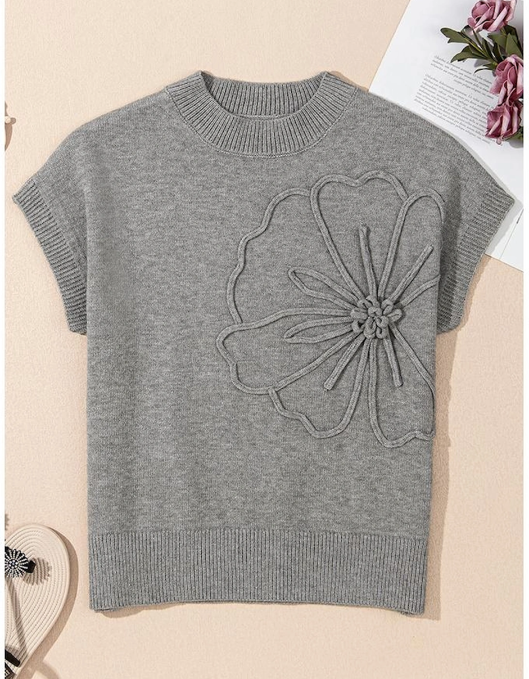 High Flower Pattern Ribbed Trim Short Sleeve Boxy Sweater