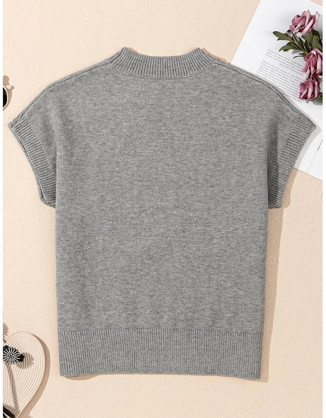 High Flower Pattern Ribbed Trim Short Sleeve Boxy Sweater