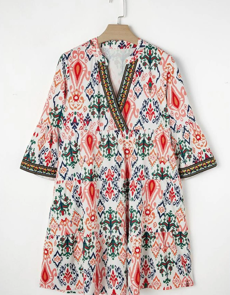 Multicolour Boho Print V Neck Bracelet Sleeve Mini Dress