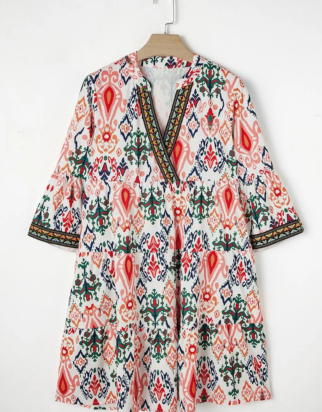 Multicolour Boho Print V Neck Bracelet Sleeve Mini Dress
