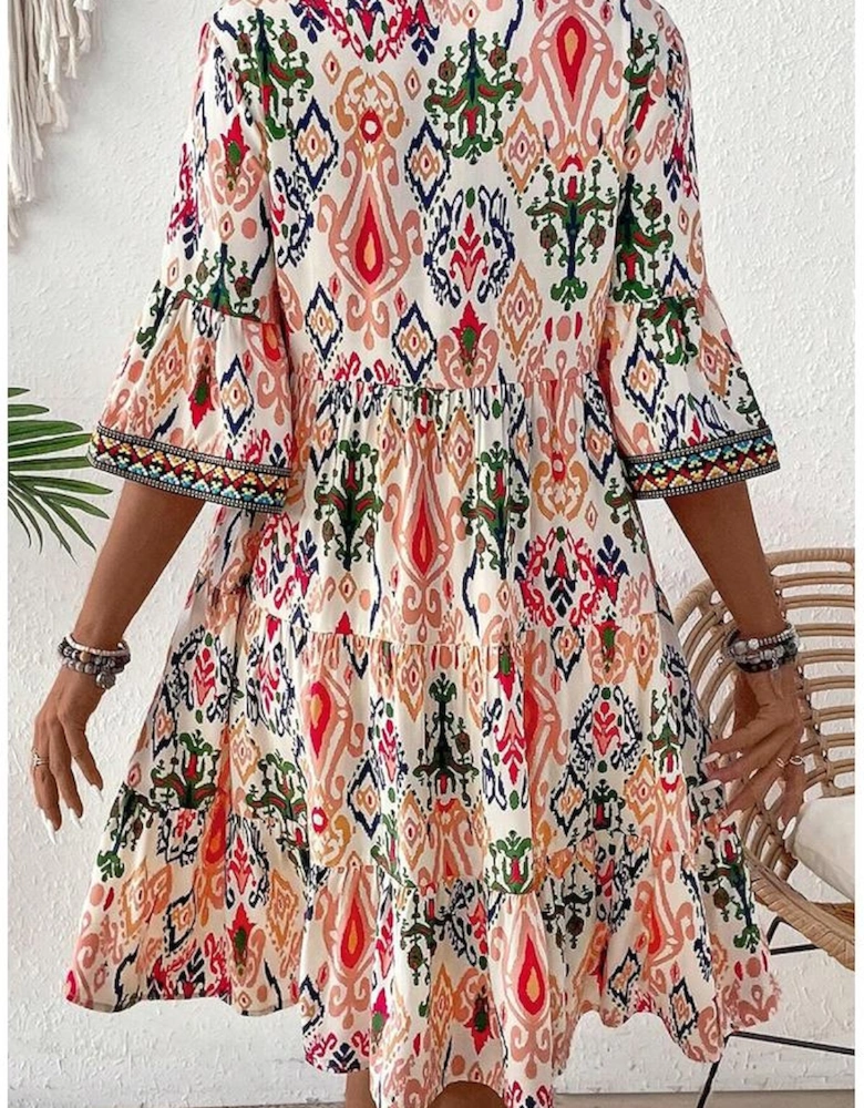 Multicolour Boho Print V Neck Bracelet Sleeve Mini Dress