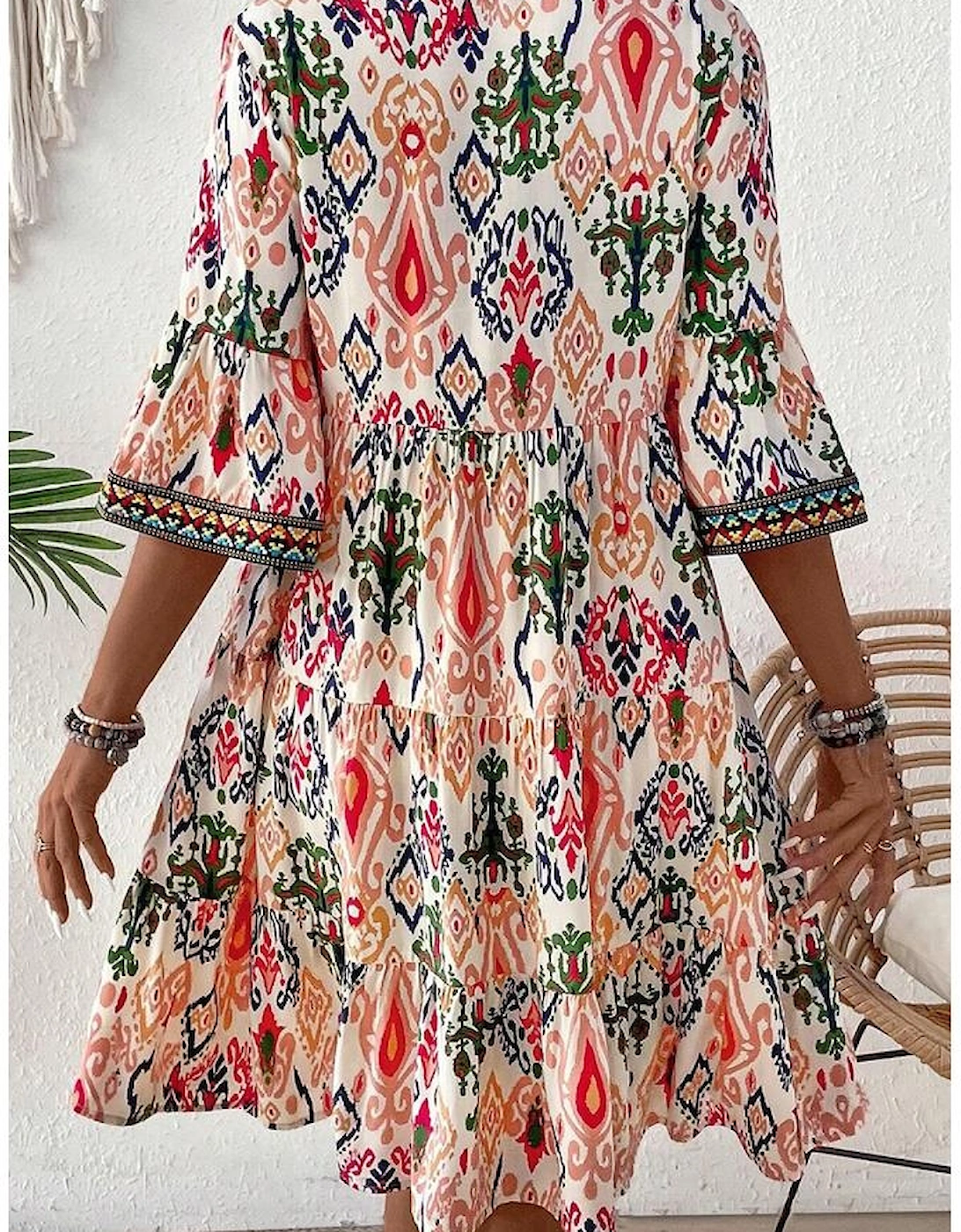 Multicolour Boho Print V Neck Bracelet Sleeve Mini Dress