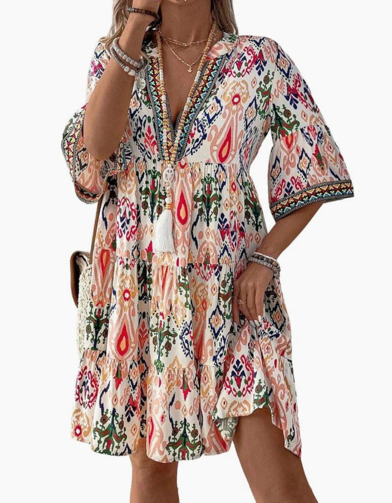 Multicolour Boho Print V Neck Bracelet Sleeve Mini Dress