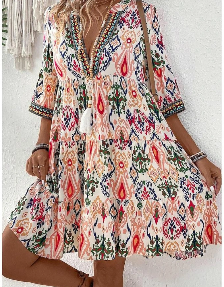 Multicolour Boho Print V Neck Bracelet Sleeve Mini Dress