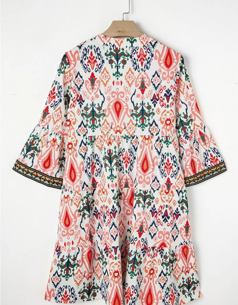 Multicolour Boho Print V Neck Bracelet Sleeve Mini Dress