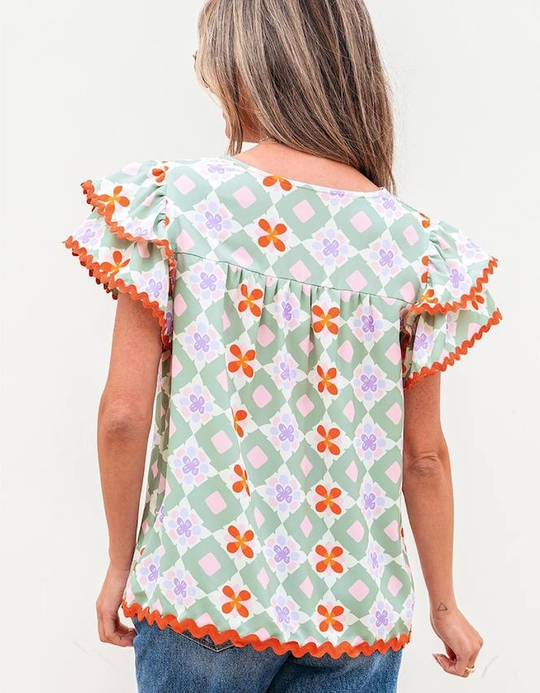 Green Geometric Floral Print Layered Flutter Sleeve V Neck Ric Rac Trim Blouse, 15 of 14