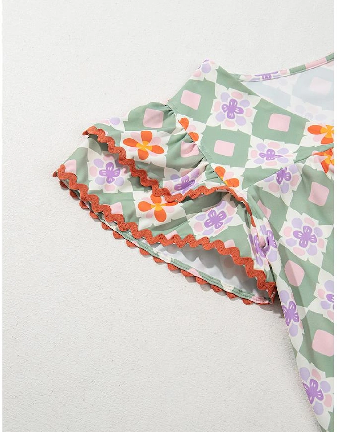 Green Geometric Floral Print Layered Flutter Sleeve V Neck Ric Rac Trim Blouse