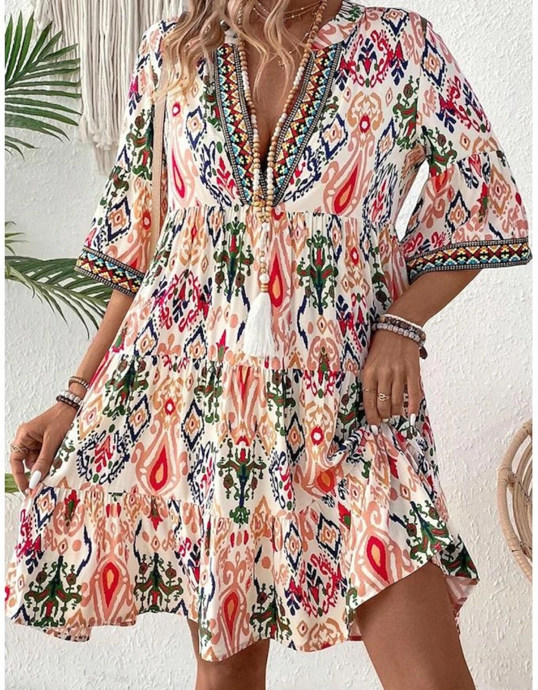 Multicolour Boho Print V Neck Bracelet Sleeve Mini Dress
