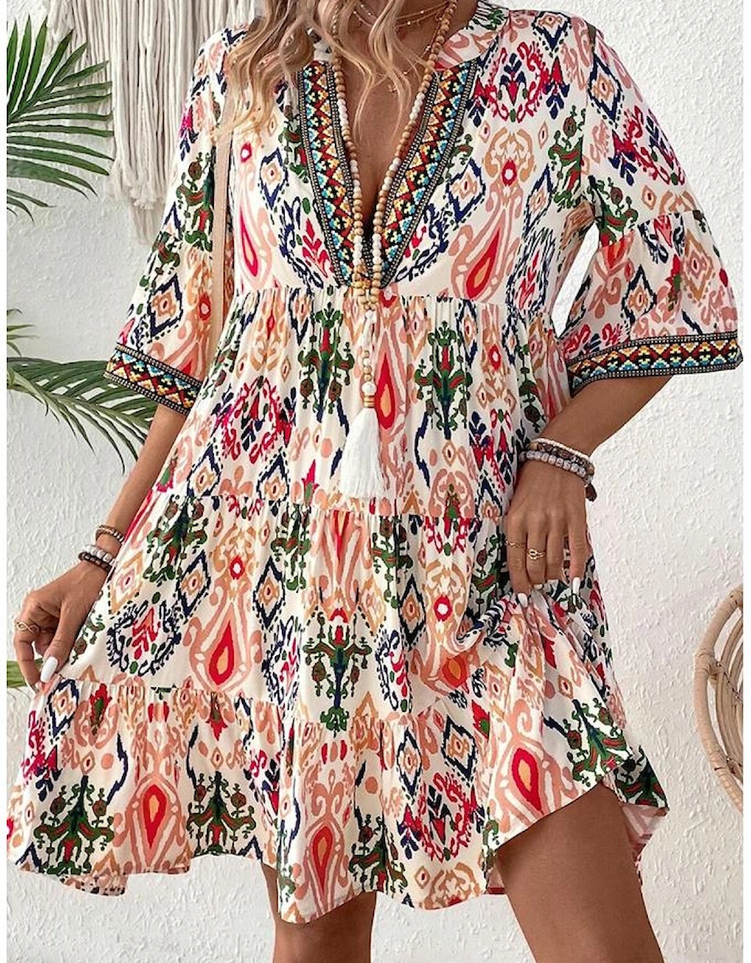 Multicolour Boho Print V Neck Bracelet Sleeve Mini Dress