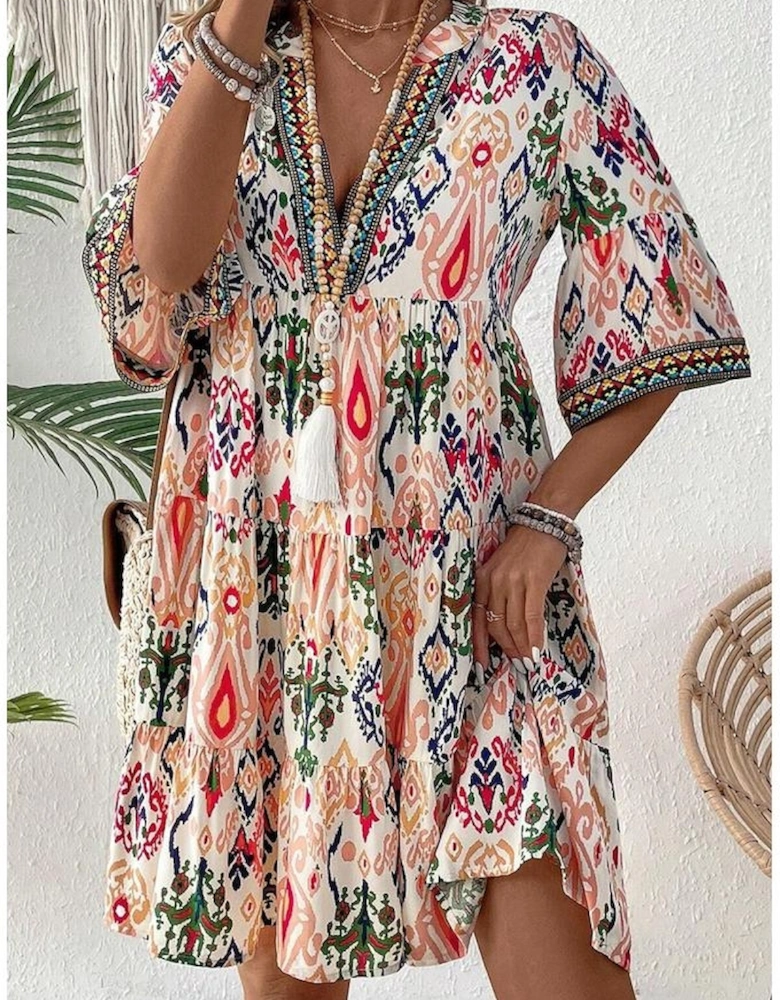 Multicolour Boho Print V Neck Bracelet Sleeve Mini Dress