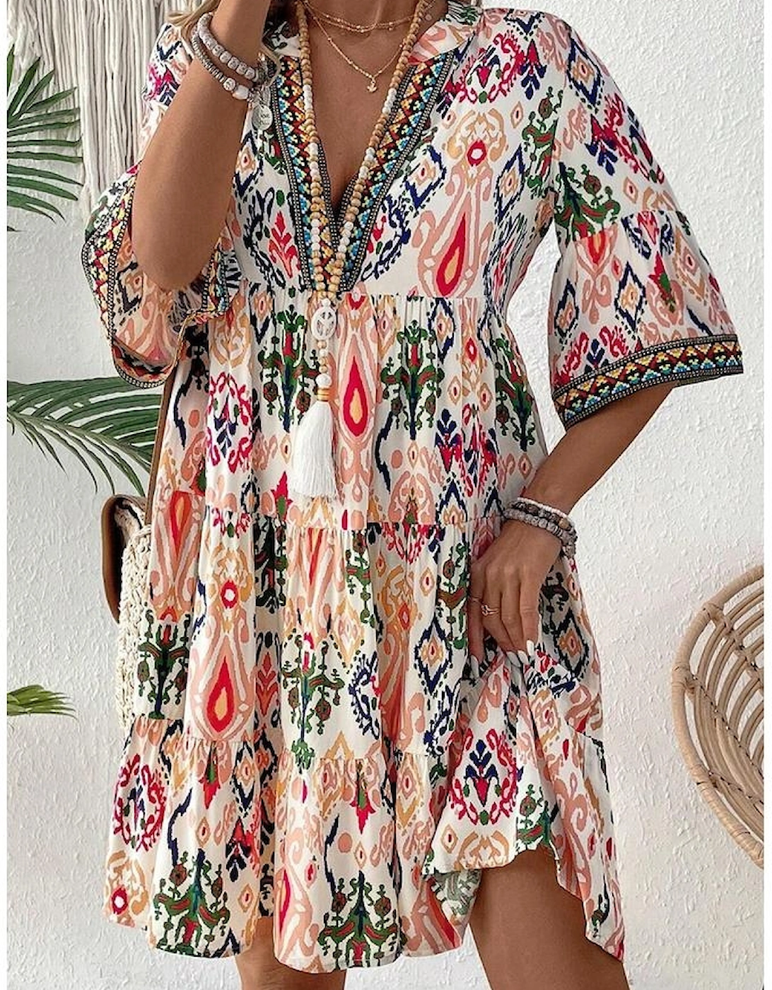 Multicolour Boho Print V Neck Bracelet Sleeve Mini Dress