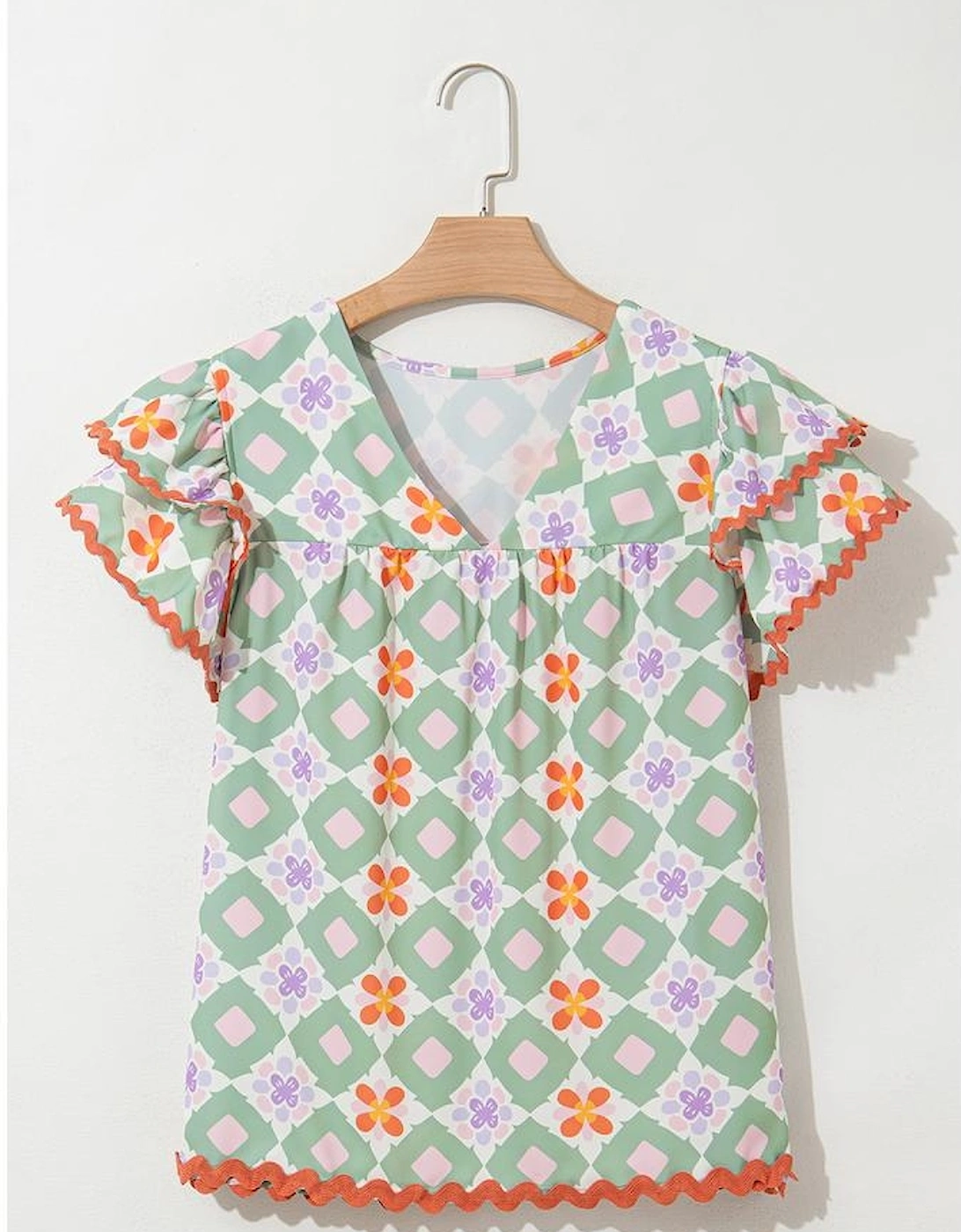 Green Geometric Floral Print Layered Flutter Sleeve V Neck Ric Rac Trim Blouse