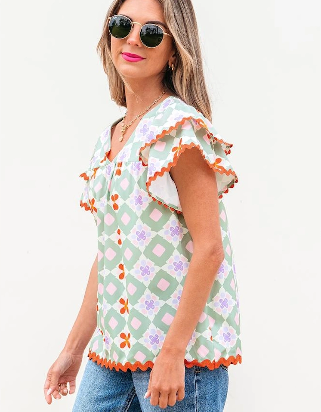 Green Geometric Floral Print Layered Flutter Sleeve V Neck Ric Rac Trim Blouse