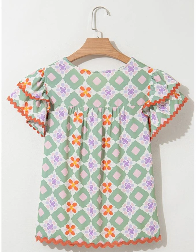 Green Geometric Floral Print Layered Flutter Sleeve V Neck Ric Rac Trim Blouse