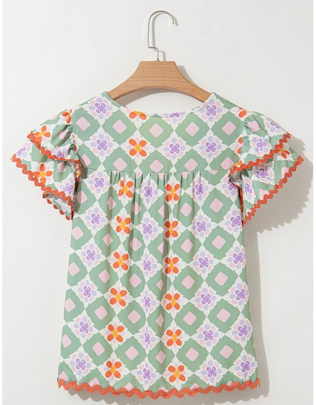 Green Geometric Floral Print Layered Flutter Sleeve V Neck Ric Rac Trim Blouse