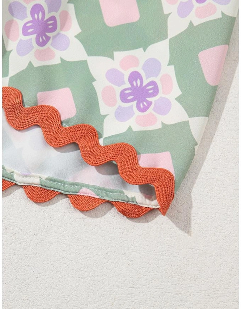 Green Geometric Floral Print Layered Flutter Sleeve V Neck Ric Rac Trim Blouse